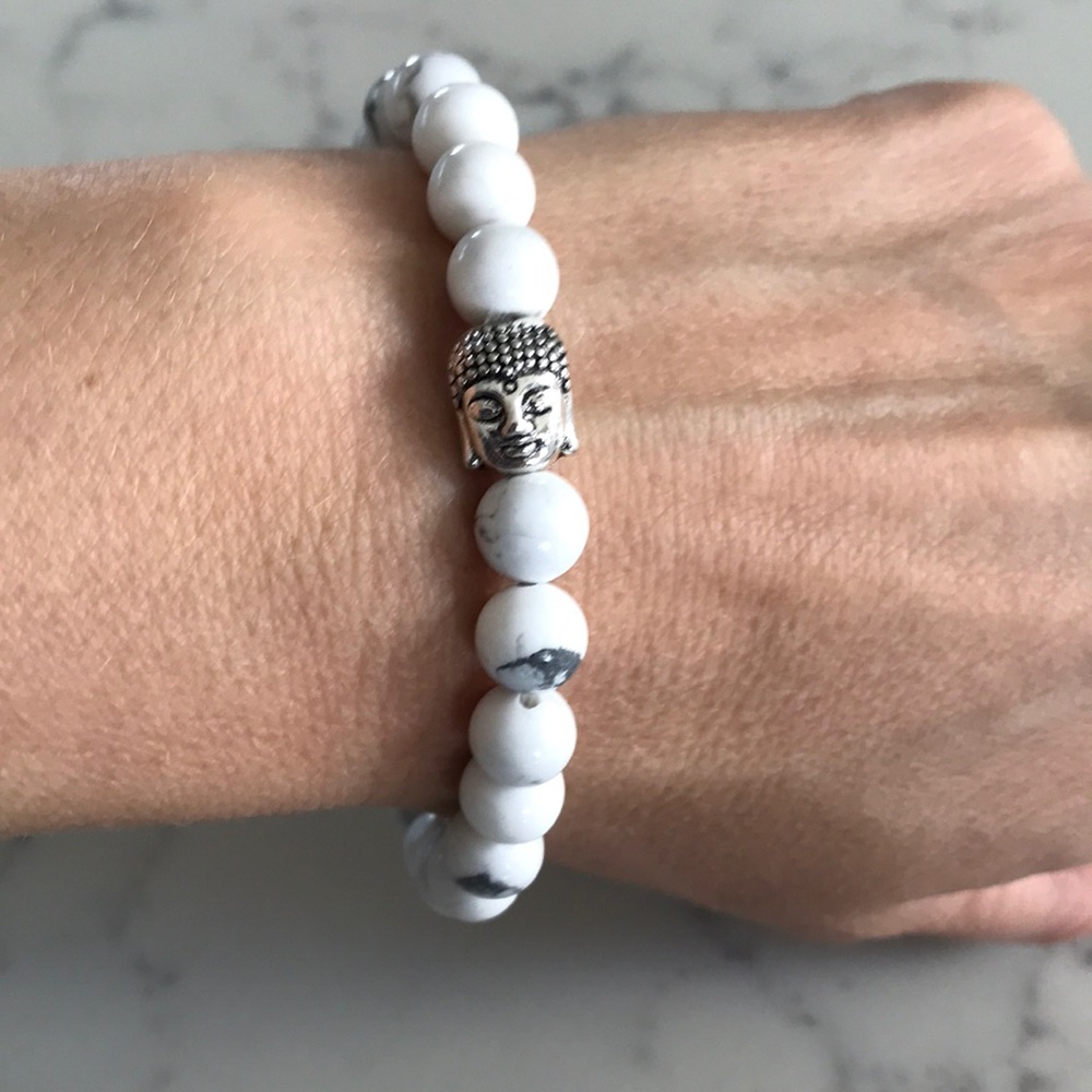 White Howlite bead bracelet Buddha stretch